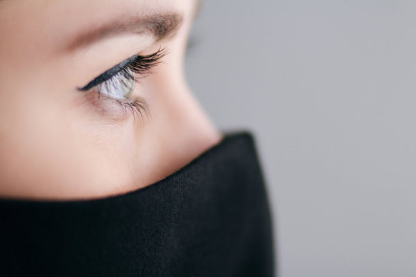 Closeup of woman with full lashes and black mask on