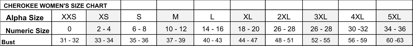 Cherokee Sizing Chart for Women's Lab Coats