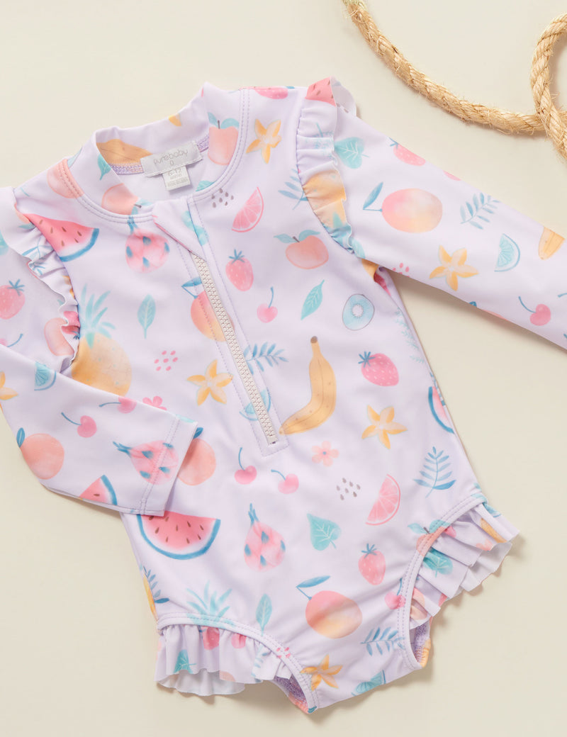 Printed Frilly L/S Swimsuit - Fruity Print - Purebaby