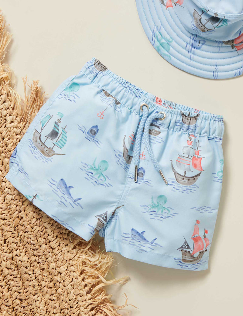 Printed Board Shorts - Pirate Ship Print - Purebaby