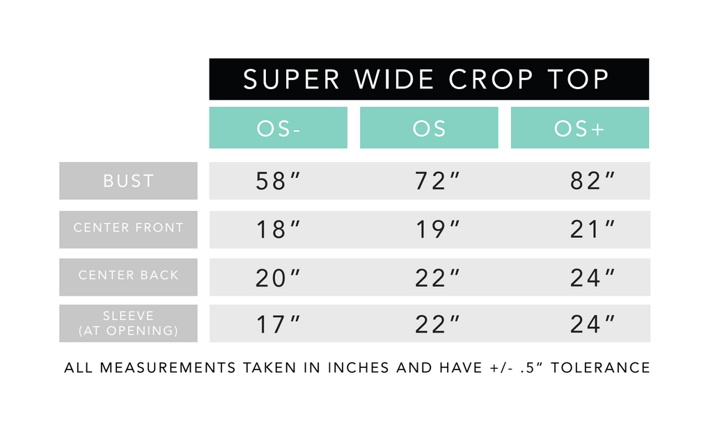 Super Wide Crop Top Size Chart