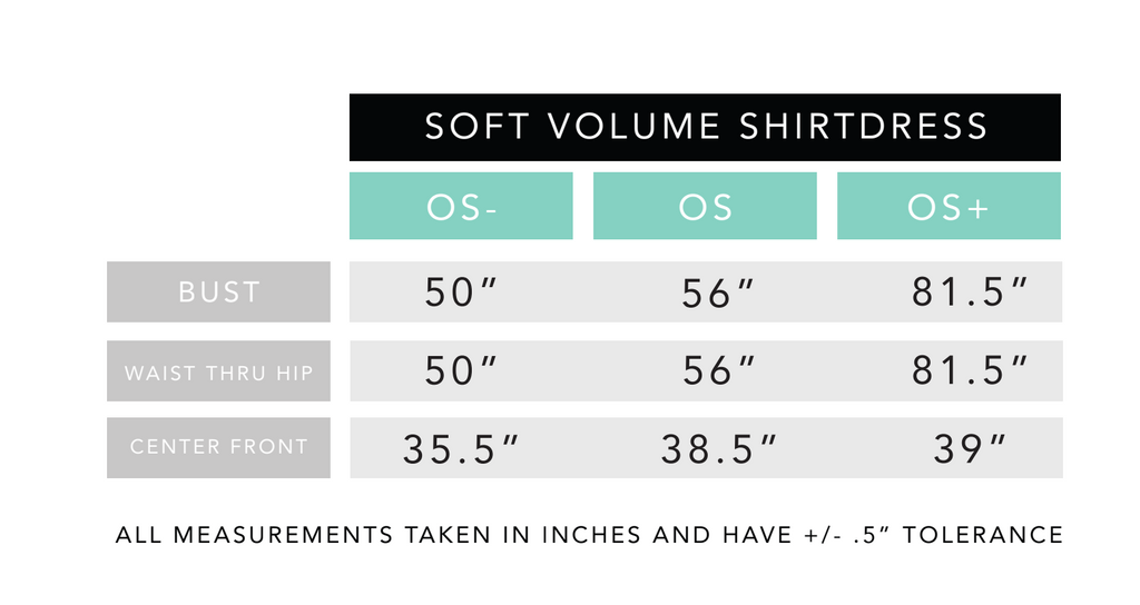 Soft Volume Shirt Dress Size Chart