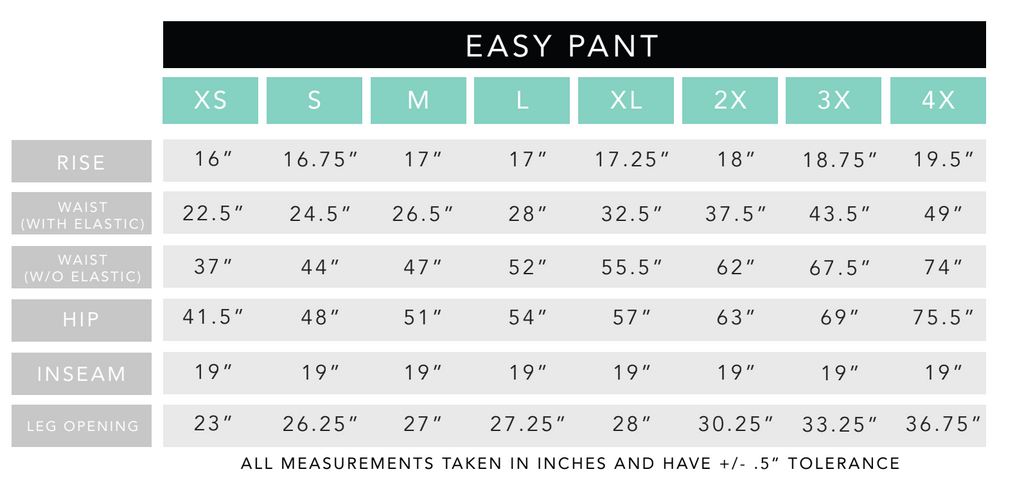 Nettle Studios Easy Pant Size Chart