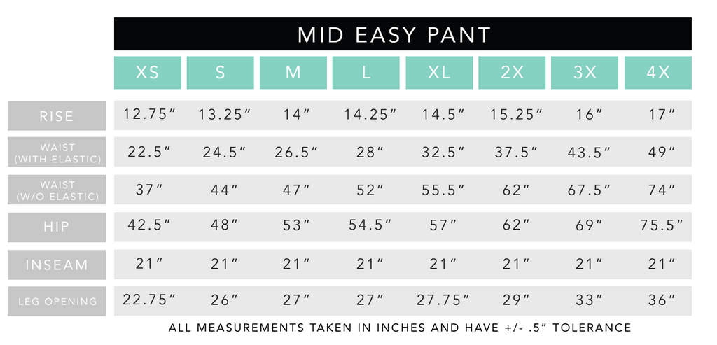 Mid Easy Pant Size Chart Nettle Studios