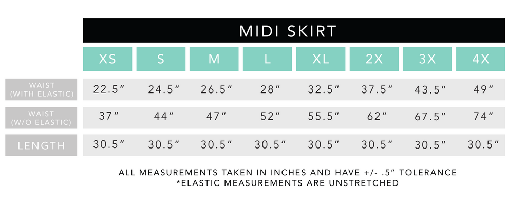 Midi Skirt Size Chart Nettle Studios