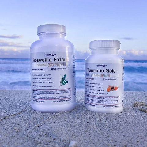 Boswellia Extract and Turmeric Gold from Superior Labs on Sand with Ocean in Background