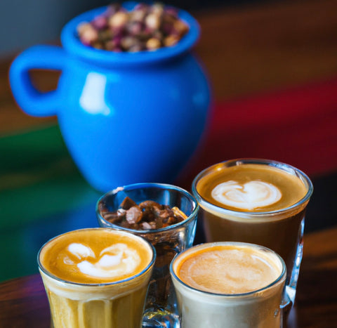 an image of a coffee tasting flight with small dishes of food, such as fruits or nuts, paired with different types of coffee, with a background of a coffee shop or a barista station.