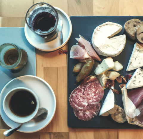 an image of a plate of savory food such as a cheese platter or a charcuterie board, paired with a cup of coffee, with a background of a cozy wine bar or a stylish bistro.