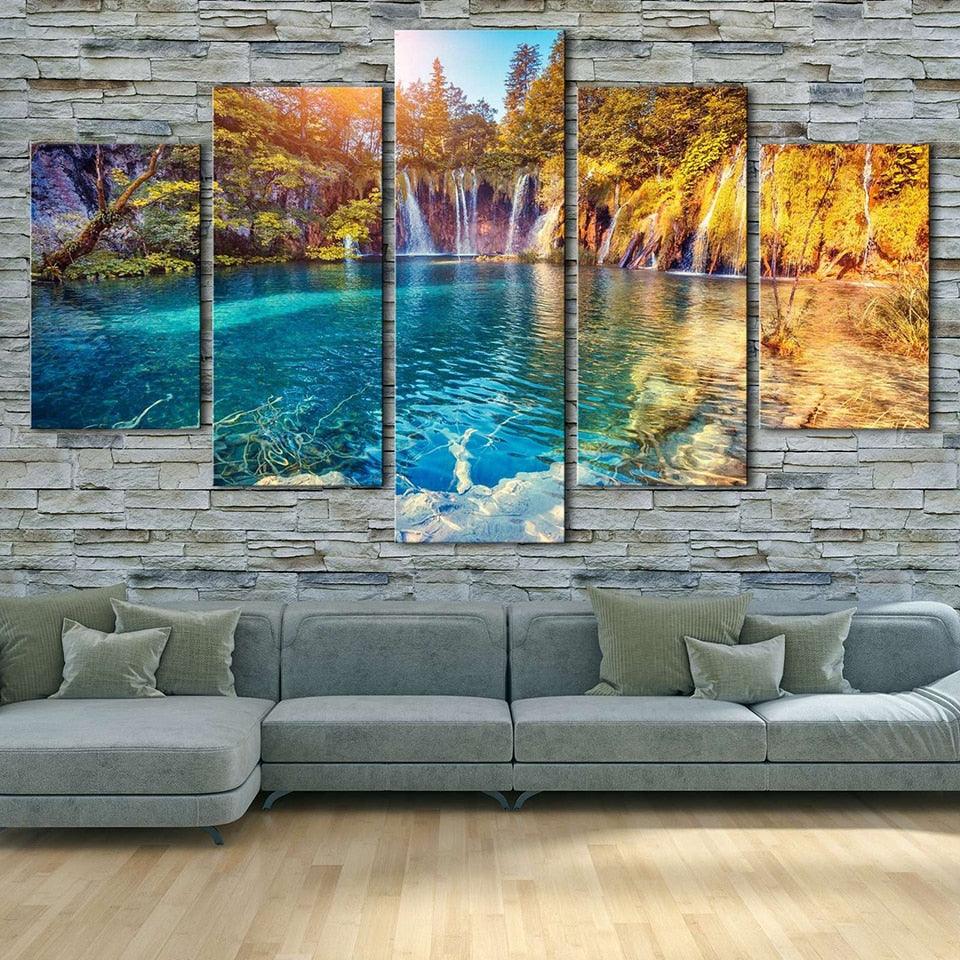 Waterfalls And Green Hills 5 Piece HD Multi Panel Canvas Wall Art Fram ...