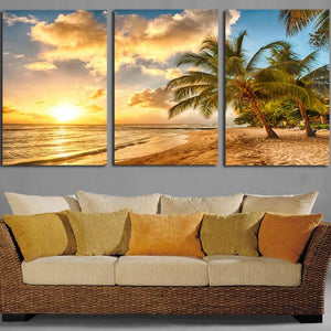 Sunset Beach Wave 3 Piece HD Multi Panel Canvas Wall Art Frame