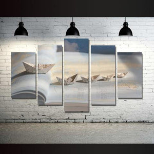 World Map Paper Ship 5 Piece HD Multi Panel Canvas Wall Art Frame ...