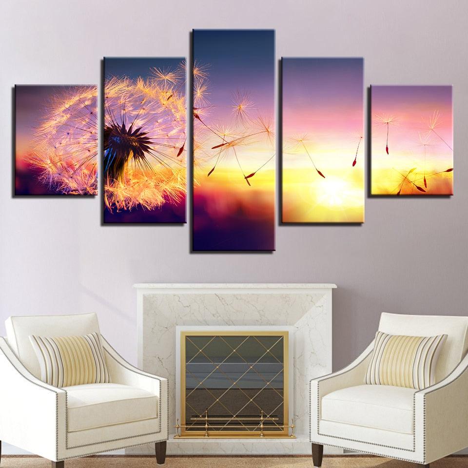 Dandelion In Sunset 5 Piece HD Multi Panel Canvas  Wall Art 