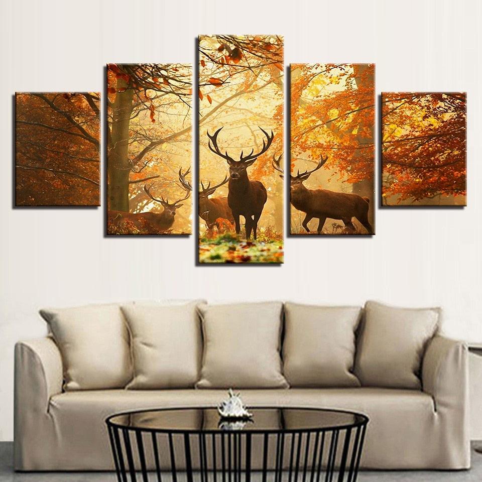 Autumn Forest Deers 5 Piece HD Multi Panel Canvas Wall Art Frame ...