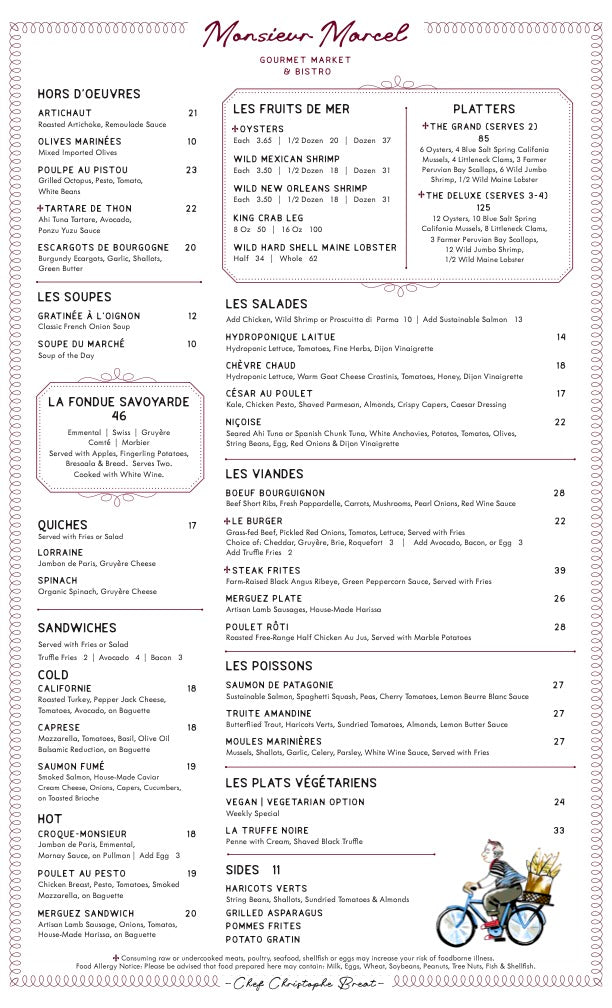 Monsieur Marcel Bistro Menu