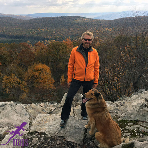 Michael Hermann Purple Lizard Founder and Lead Cartographer with Karma the Adventure Dog