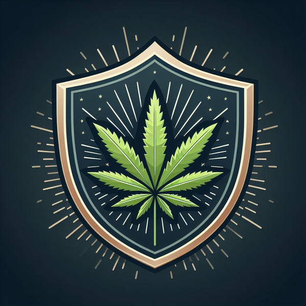 Shield emblem with a cannabis leaf inside of it, representing the CFIA certified Health and Safety