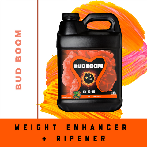 Container of Future Harvest Bud Boom with a caption below it that says 'Weight Enhancer and Ripener'