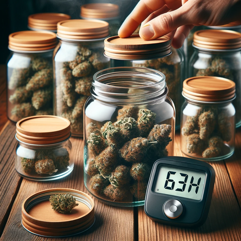 Curing jars with brass lids filled with cannabis buds spread around on a wooden table top with a hygrometer that reads 63% humidity.