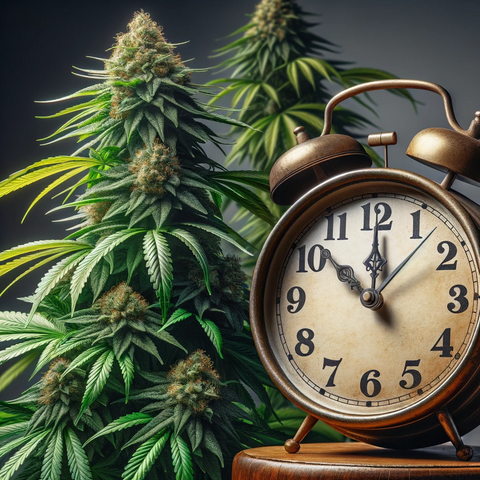 Quand récolter le cannabis - Image d'une plante de cannabis prête à être récoltée à côté d'une horloge ancienne.