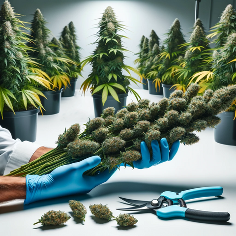 Cannabis trimming with garden shears, a bunch of trimmed cannabis branches being held by hands wearing blue nitrile gloves. Ready to harvest cannabis plants in the background.