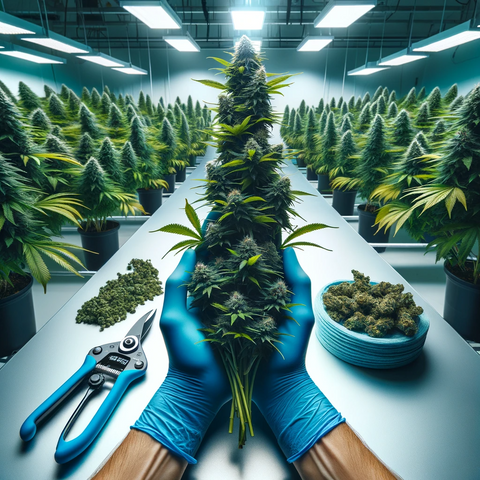 A bunch of trimmed cannabis branches being held by hands wearing blue nitrile gloves, a pair of garden shears on the table. There is trimmed buds and loose trimmings on the table also. Ready to harvest cannabis plants fill the background.