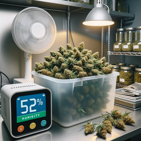 A clean cannabis trimming environment featuring a humidity and temperature monitor reading 52% humidity, a clear bin of cannabis branches, and a fan, light and full cannabis jars in the background.