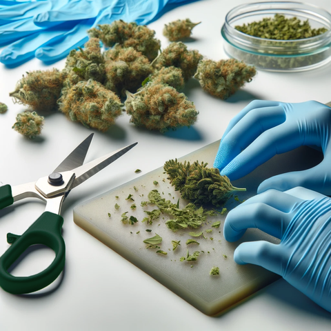 Cannabis trimming station featuring trimming scissors, trimmed cannabis buds, and hands wearing blue nitrile gloves.