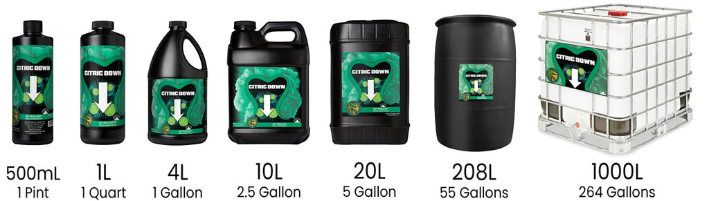 Available sizes shown from 500mL, 1L, 4L, 10L, 20L, 208L, totes of Citric Down