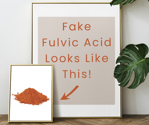Un panneau indiquant « Le faux acide fulvique ressemble à ceci » indique un tas de faux acide fulvique.