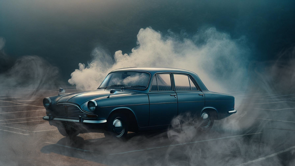 An old car bellowing with smoke post-hotboxing