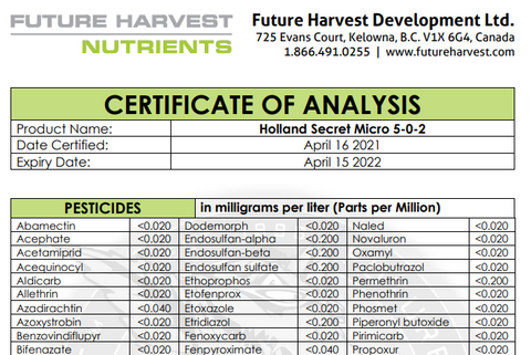 example of a Future Harvest COA for Holland Secret Micro