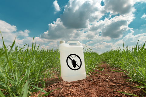 a bottle of pesticide in a field