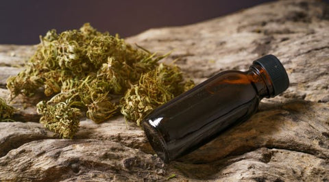 Cannabis next to extract in a bottle