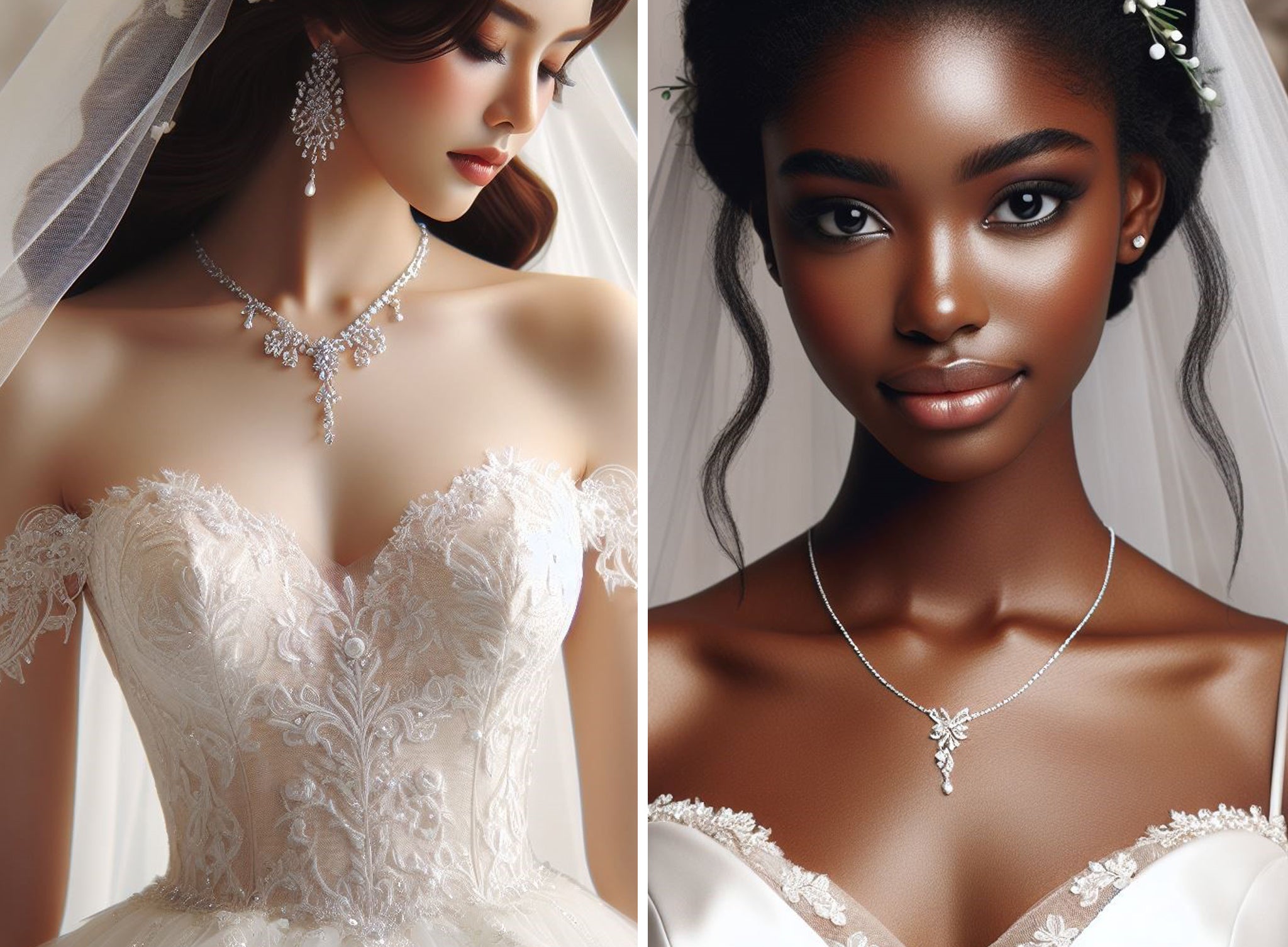femme de couleur teint clair ou foncée jeune mariée portant une robe de mariee col v avec un collier en forme y