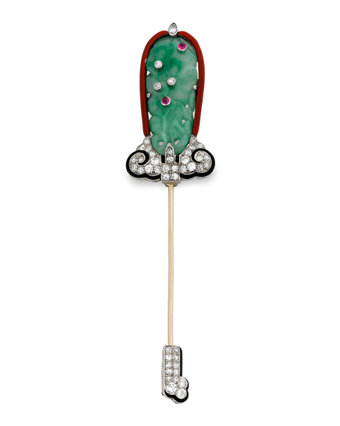 Art Deco Jade and Enamel Jabot Pin by Cartier