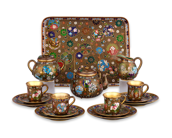 Meiji-Period Kyoto-Jippo Cloisonné Enamel Tea Set, circa 1890, M.S. Rau. This tea set is an example of the art of “kyoto jippo“ — swirls executed in cloisonné enamel with gilt wiring. The intricate technique recalls the appearance of damascene work.
