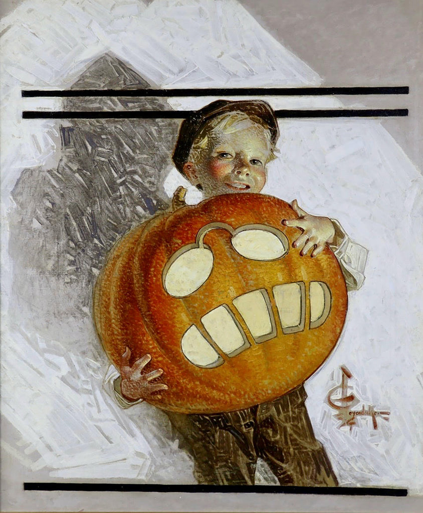 Boy Holding Pumpkin Carving of Teddy Roosevelt by J.C. Leyendecker, Saturday Evening Post cover, October 26, 1912