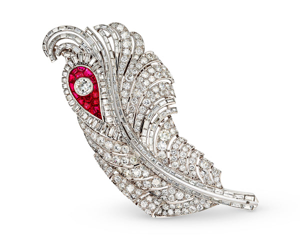 Ruby and Diamond Feather Brooch (M.S. Rau, New Orleans)