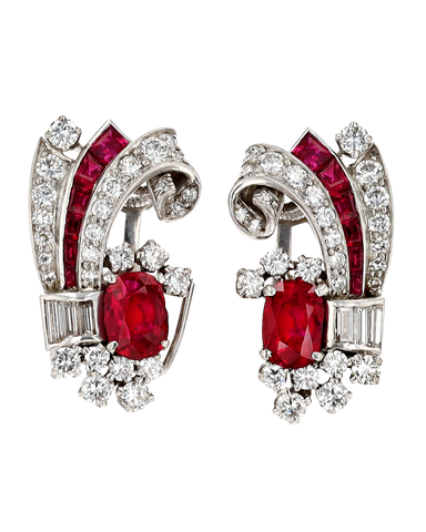 Art Deco Burma Ruby and Diamond <center>Earrings by Raymond Yard