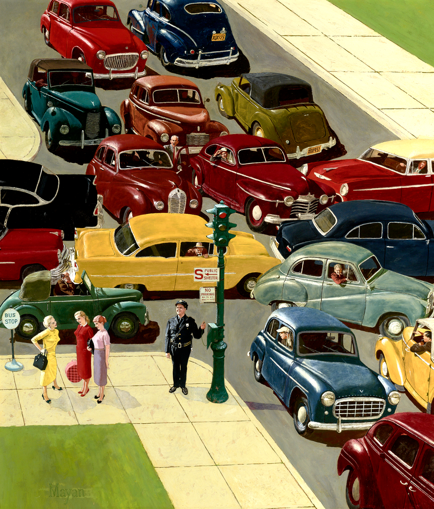 Traffic Jam by Earl Mayan, Saturday Evening Post cover, April 28, 1956