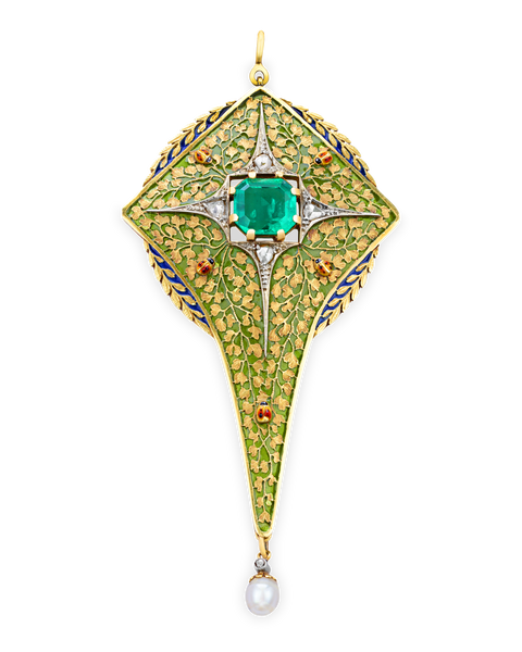 Art Nouveau Emerald, Pearl and Plique-à-Jour Enamel Pendant , early 20th century, M.S. Rau. Because of its transparency, plique-à-jour is ideal for nature-inspired designs such as this pendant.