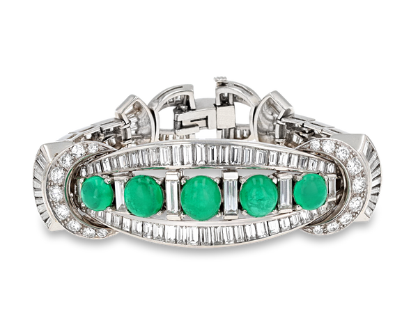 Colombian emeralds totaling 7.50 carats are featured in this Art Deco-period bracelet by Beverly Hills jeweler, William Ruser.