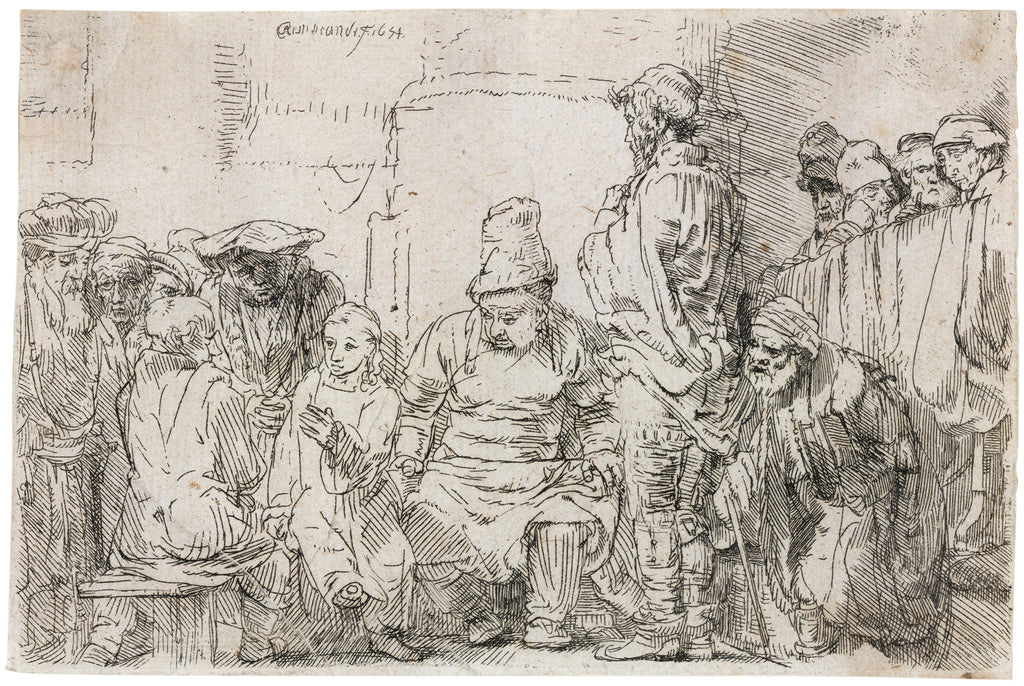 Christ Seated Disputing with the Doctors. New Hollstein’s first state. Dated 1654.