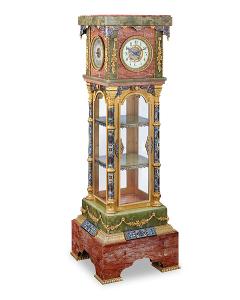 French Marble, Onyx, Enamel and Ormolu Pedestal Clock, late 19th century, M.S. Rau. This vitrine clock bears multicolored champlevé enamel plaques featuring stylized floral motifs in the Moroccan taste.