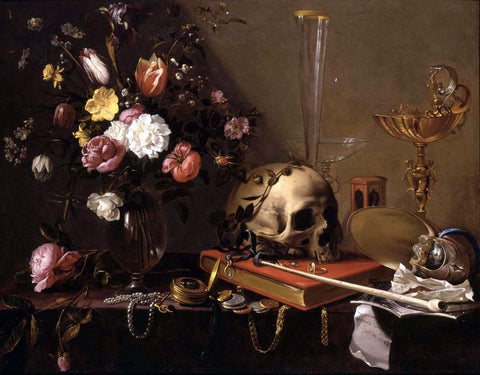 Vanitas - Still Life with Bouquet and Skull by Adriaen van Utrecht. Dated 1642