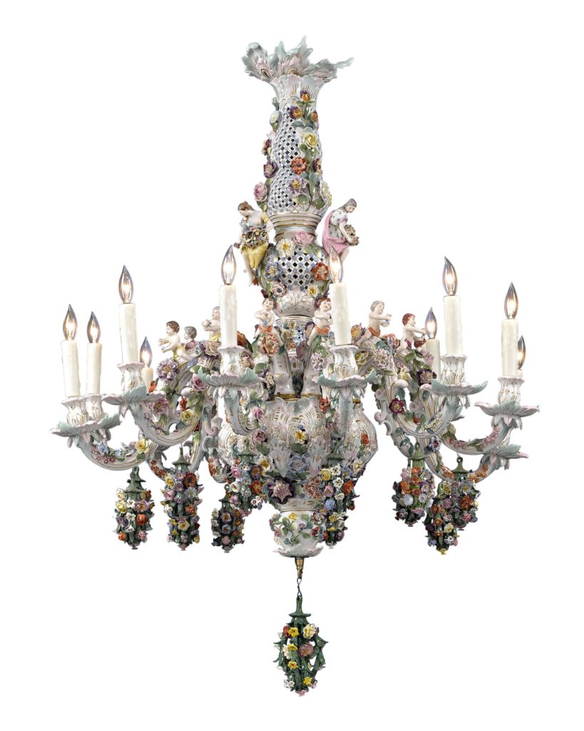 Chandeliers have been made in nearly every medium imaginable...even porcelain. This Meissen porcelain 12-Light Chandelier boasts a sea of hand-formed flowers dotted with putti and elegant maidens. Circa 1900.