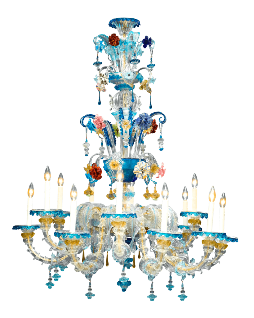 This stunning Murano art glass chandelier is enveloped in a majestic garden of colored glass. Circa 1880.
