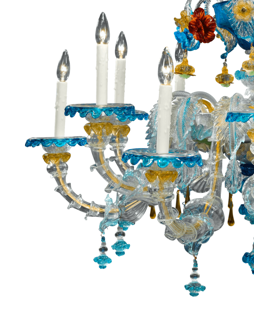 Close-up of the Murano glass chandelier. In terms of quality, artisanship and size, this chandelier is a testament to the over-700-year history of Venetian glass artistry.