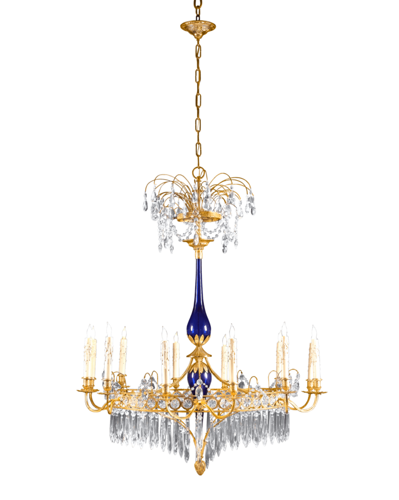 Boasting a luxe fountain design with a cobalt blue glass stem, this Russian Neoclassical chandelier would have graced the most sumptuous interior. Circa 1820.