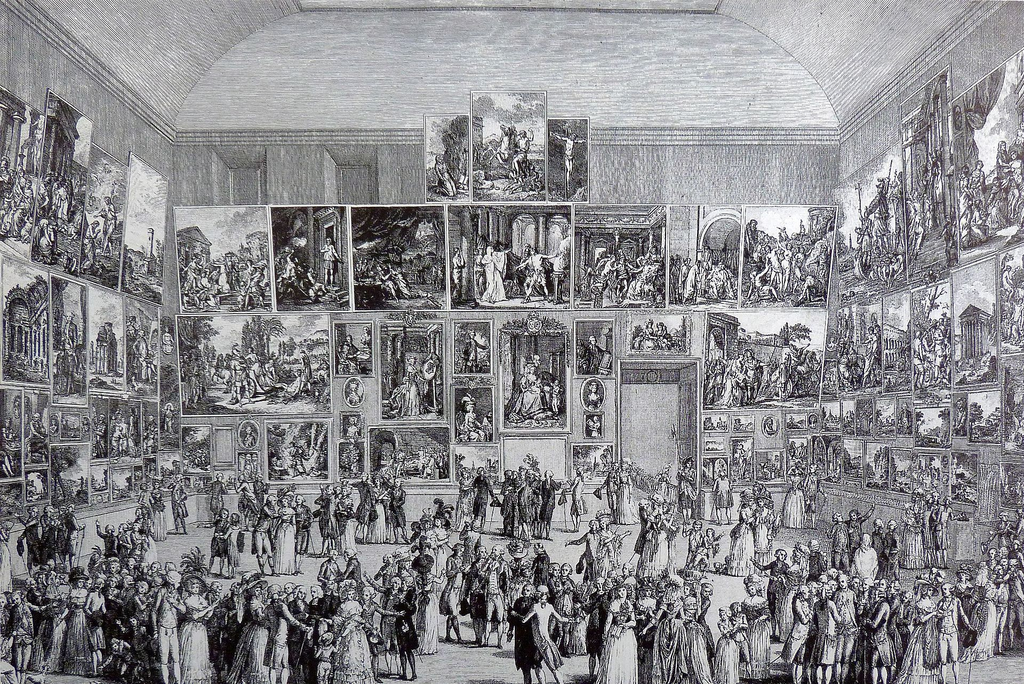 Exposition au Salon de 1787, etching by Pietro Antonio Martini published in "Aux armes et aux Arts" by Adam Biro, 1988.